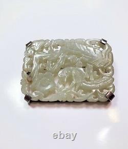 Chinese Antique Silver Jade Pendant Brooch Pin Hand Carved Phoenix Flower Motif