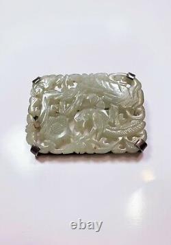 Chinese Antique Silver Jade Pendant Brooch Pin Hand Carved Phoenix Flower Motif