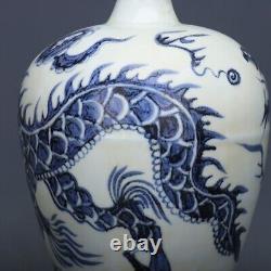 Chinese Antique Yuan Dynasty Blue White Porcelain Dragon Pattern Plum Vases