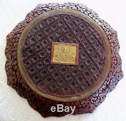 Chinese Antiques Oriental Lacquer Cinnabar Plate 8''- Qianlong Mark