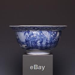 Chinese B&W porcelain Kangxi mark & period klapmuts bowl, ca. 1700. Figures