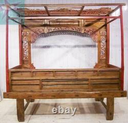 Chinese Bed Canopy Wedding Opium Intricately Carved Antique Red Lacquer & Gold