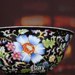 Chinese Black Enamel Porcelain Qing Kangxi Hand Painted Flowers Design Bowl 6.0
