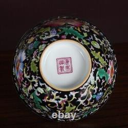 Chinese Black Enamel Porcelain Qing Kangxi Hand Painted Flowers Design Bowl 6.0