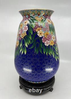 Chinese Blue Cloisonne Vase w Flower Design