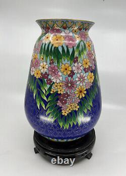 Chinese Blue Cloisonne Vase w Flower Design