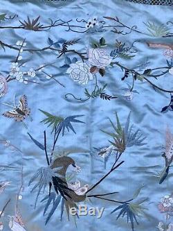 Chinese Blue Coverlet Piano Shawl Shawl Table Cover Embroidered Birds Canton 20s