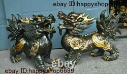 Chinese Bronze Fengshui Dragon Head Pixiu Brave troops Unicorn Beast Statue Pair