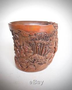 Chinese Carved Bamboo Scholars Pine Libation Cup, Qing dynasty