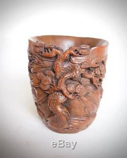 Chinese Carved Bamboo Scholars Pine Libation Cup, Qing dynasty