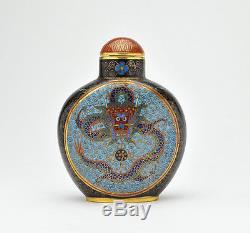 Chinese Cloisonné Snuff Bottle, Five-Clawed Dragons Flaming Pearl 19th Century