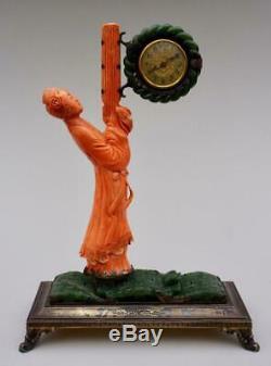 Chinese Coral And Jade Figural Clock By Edward Farmer, Ca. 1920