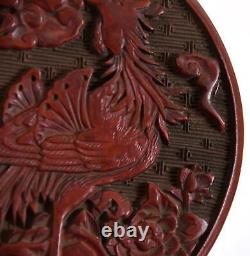 Chinese Dark Red Cinnabar Lacquer Circular Box Phoenix Ming or Qing Dynasty