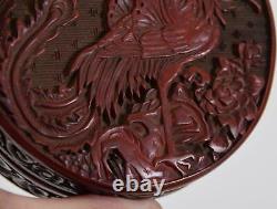 Chinese Dark Red Cinnabar Lacquer Circular Box Phoenix Ming or Qing Dynasty
