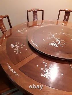 Chinese Dining Table 72 Vintage Hand Carved Rosewood, Mother Of Pearl decoration