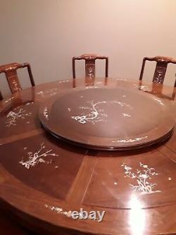 Chinese Dining Table 72 Vintage Hand Carved Rosewood, Mother Of Pearl decoration