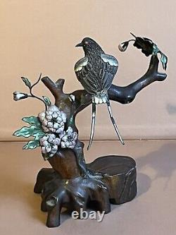 Chinese Export Filigree Silver and Enamel Bird On Wooden Base Early 20th Century