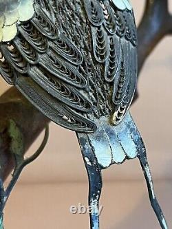 Chinese Export Filigree Silver and Enamel Bird On Wooden Base Early 20th Century