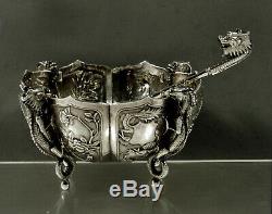 Chinese Export Silver Bowl & Ladle c1890 Luen Hing Dragons