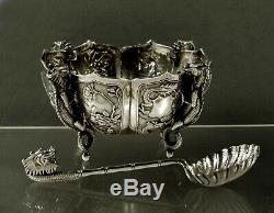 Chinese Export Silver Bowl & Ladle c1890 Luen Hing Dragons