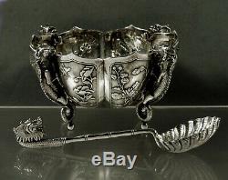 Chinese Export Silver Bowl & Ladle c1890 Luen Hing Dragons