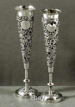 Chinese Export Silver Bud Vases (2) c1890 MAKER TYT