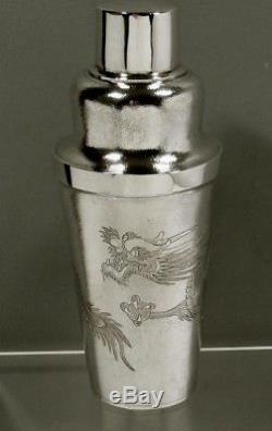 Chinese Export Silver Cocktail Shaker DRAGON CLUTCHING PEARL SIGNED