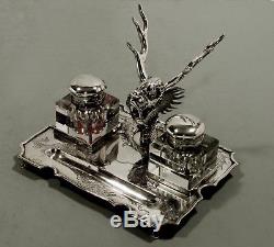 Chinese Export Silver Desk Set DRAGON INK STAND c1895 SIGNED WING ON