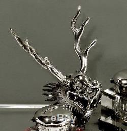 Chinese Export Silver Desk Set DRAGON INK STAND c1895 SIGNED WING ON