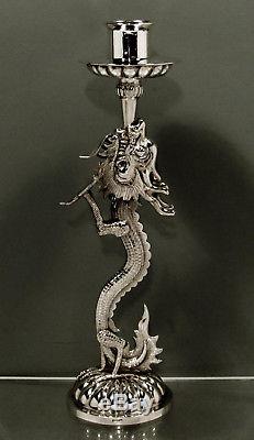 Chinese Export Silver Dragon Candlestick SIGNED