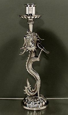 Chinese Export Silver Dragon Candlestick SIGNED