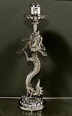 Chinese Export Silver Dragon Candlestick SIGNED Dragon Shooting Fire