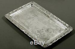 Chinese Export Silver Dragon Tray LUENWO HAND DECORATED