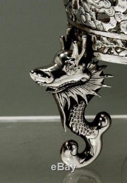 Chinese Export Silver Dragon Wine Coaster Stand c1885 HUNG CHONG