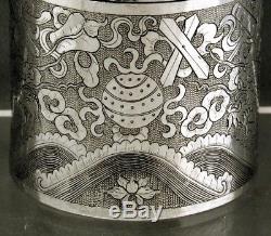 Chinese Export Silver Tea Caddy BATTLING DRAGONS SIGNED