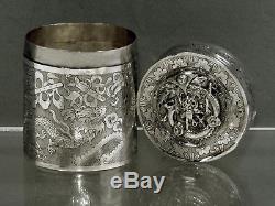Chinese Export Silver Tea Caddy BATTLING DRAGONS SIGNED