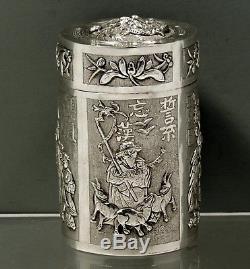 Chinese Export Silver Tea Caddy SIGNED WARRIOR, CALIGRAPHY & SCHOLARS