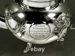 Chinese Export Silver Tea Kettle & Stand c1890 KMS DRAGONS