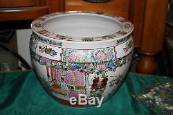 Chinese Famille Rose Pottery Planter Fish Bowl-Painted Scenes Men Women Flowers