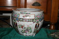 Chinese Famille Rose Pottery Planter Fish Bowl-Painted Scenes Men Women Flowers