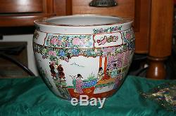 Chinese Famille Rose Pottery Planter Fish Bowl-Painted Scenes Men Women Flowers