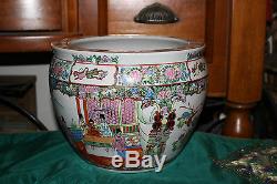 Chinese Famille Rose Pottery Planter Fish Bowl-Painted Scenes Men Women Flowers