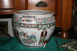 Chinese Famille Rose Pottery Planter Fish Bowl-Painted Scenes Men Women Flowers