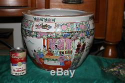 Chinese Famille Rose Pottery Planter Fish Bowl-Painted Scenes Men Women Flowers