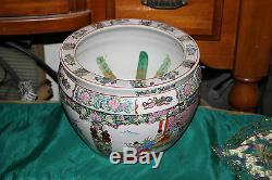 Chinese Famille Rose Pottery Planter Fish Bowl-Painted Scenes Men Women Flowers