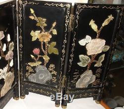Chinese Hand Painted Carved Floral Jade Lacquer Screen