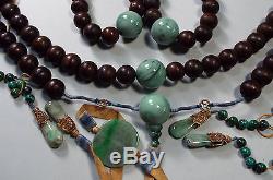 Chinese Mandarin Court Necklace Chao Zhu Wood Beads Jadeite and Malachite Qing