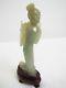 Chinese Natural Green Jade Stone Lady Statue With Wooden Stand In Good Condition
