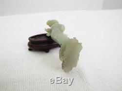 Chinese Natural Green Jade Stone Lady Statue with Wooden Stand in good condition
