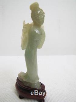 Chinese Natural Green Jade Stone Lady Statue with Wooden Stand in good condition